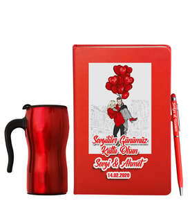Sevgililer Gününe Özel Deri Kırmızı Defter Kalem & Termos Mug Hediye Seti 18