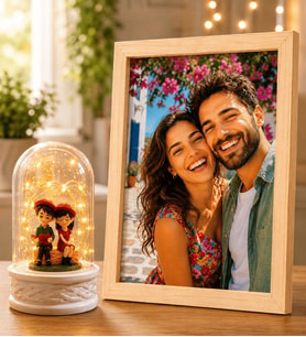 Kişiye Özel Fotoğraflı Ahşap Çerçeve ve LED Işıklı Oturan Çiftli Fanus Sevgiliye Hediye