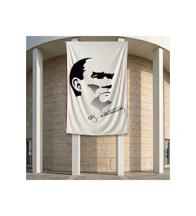 Siyah - Beyaz Mustafa Kemal Atatürk Silüeti ve İmza Poster Bayrak Premium Raşel Kumaş ATA27 2x3m