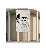 Siyah - Beyaz Mustafa Kemal Atatürk Silüeti ve İmza Poster Bayrak Premium Raşel Kumaş ATA27 2x3m