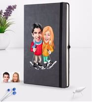 BK Gift Kişiye Özel Sevgililer Karikatürlü Siyah Termo Deri Defter 16x24cm Model 107