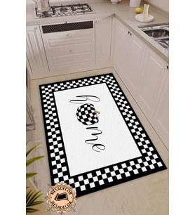 Kenarları Dama Desenli Modern Halı Makinede Yıkanabilir Dekoratif Home Yazılı Yolluk (Siyah)