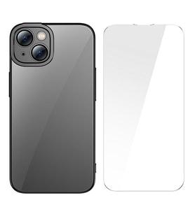 Baseus Glitter iPhone 14 Plus 6.7 Renkli Kenar Silikon Kılıf + Tempered Ekran Koruyucu Set (Siyah)