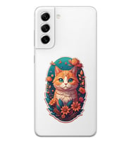 Samsung Galaxy S21 FE Uyumlu Çiçek ve Kedi Tasarımlı Şeffaf Telefon Kılıfı