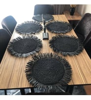 Bohem, Eklektik İskandinav Konsept Hasır Kağıt Ip Örgü ve Rafya Püsküllü Amerikan Servis Supla 44cm (Siyah)
