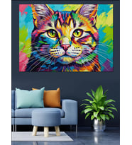 Neon Renkli Kedi Portresi Dekoratif Kanvas - Mdf Ahşap Tablo