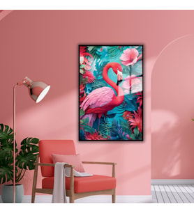 Metal Çerçeveli Cam Tablo Çiçekli Pembe Flamingo (Siyah)