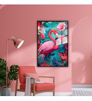 Metal Çerçeveli Cam Tablo Çiçekli Pembe Flamingo (Siyah)