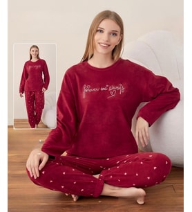 Boyraz Kadın Kışlık Bisiklet Yaka Soft Kadife Pijama Takımı 07012 - 1 Adet (Kırmızı)