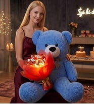 LED Işıklı Kırmızı-Beyaz Kelebek Buketi – 25 Kelebekli & 90 cm Büyük Peluş Ayı Sevgiliye Hediye (Koyu Mavi)