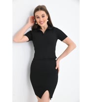 Kadın Polo Yaka Kaşkorse T-Shirt Etek İkil Triko Takım (Siyah)