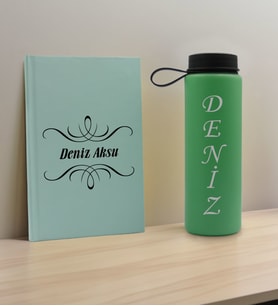 BK Gift Kişiye Özel İsimli Su Yeşili Defter ve Yeşil Cam Matara Hediye Seti-7, Sevgiliye Hediye, Arkadaşa Hediye, Yeni İş Hediyesi