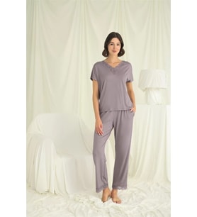 pilelistore Kısa Kollu V Yakalı Dantelli Pijama Takımı (Gri)