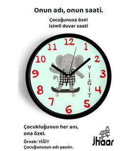 İsme Özel Kaykaylı Sevimli Fil Çocuk Odası Duvar Saati Orta Boy 30 cm Siyah Camlı Sessiz