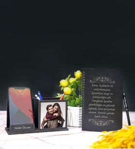 Anneye Özel Desen Baskılı Ahşap Defter & Roller Kalem & Ahşap Mdf Kalemlik