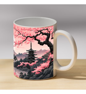 Fuji Dağı Kiraz Çiçekli Piksel Sanat Baskılı Porselen Kupa - Japon Manzaralı Hediyelik Kupa
