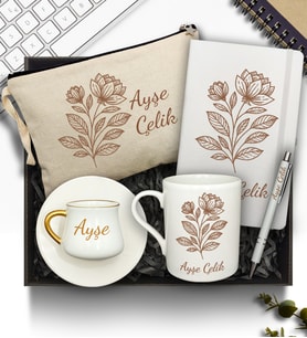 Kişiye Özel El Çantası & Defter & Fincan & Kupa & Kalem Hediye Seti