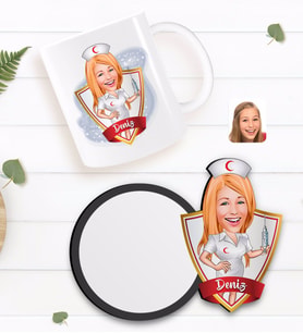 BK Gift Kişiye Özel Hemşire Karikatürlü Beyaz Kupa ve Ahşap Bardak Altlığı Hediye Seti-1