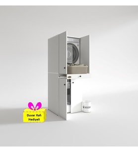 Kenzlife çamaşır-kurutma makinesi dolabı el kindi byz 187*070*60 çekmeceli kapaklı + tekli duvar rafı hediye (Beyaz)