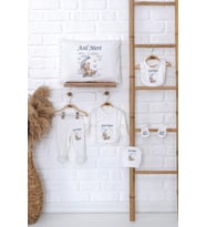 Pia Baby Premium %100 Pamuk İsme Özel Erkek Bebek Hediye Seti Zıbın Yastık Kılıfı 5018-06 (Ekru)