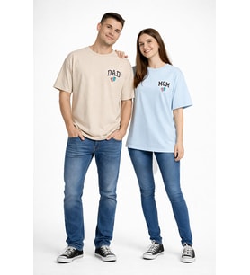 Anne Baba Kombini Mom Dad Baskılı Çift Tişört Oversize Unisex 2’li Set (Bej)