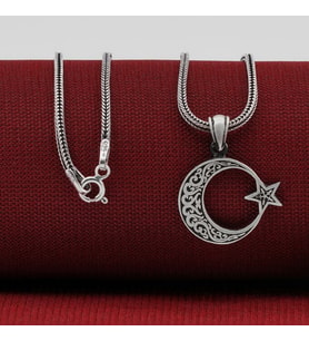 Ay Yıldız  Tasarımlı 925 Ayar Gümüş Erkek Kolye