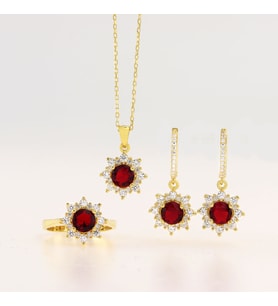 925 Ayar Gümüş Yuvarlak Kırmızı Taşlı Gold Anturaj Set