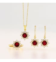 925 Ayar Gümüş Yuvarlak Kırmızı Taşlı Gold Anturaj Set