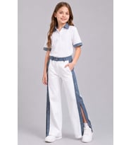 Kız Çocuk Polo Yaka Kol Uçları Jean Detaylı T-shirt Boydan Cıtcıt Yırtmaç Detayl