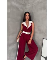 kadın bordo çift renkli kemerli şerit detaylı tam boy kolsuz tulum NBK087