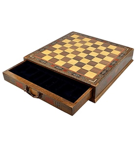 (Sadece Satranç Tahtası İsteyene) GiftHome El Yapımı Masif Ahşap 38X38X7,5 cm. Çekmeceli Satranç Tahtası