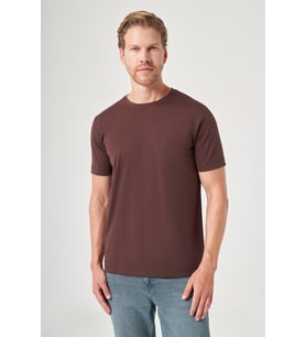 Kahverengi Bisiklet Yaka Kısa Kol Örme Slim Fit Esnek Basic Tişört 1011260184
