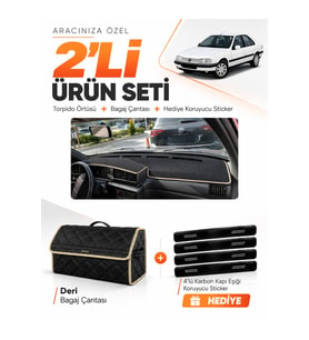 PEUGEOT 405 (1987-1992) Uyumlu Torpido Örtüsü + Deri Bagaj Çantası + Sticker Seti - Siyah Bej