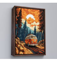 Çerçeveli Retro Volkswagen Minibüs Ve Manzara Tablosu (Beyaz)