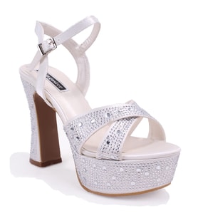 Dagoster DZA07-771900 Sedef Saten Çapraz Bant 12 cm Kalın Topuklu Platform Kadın Ayakkabı