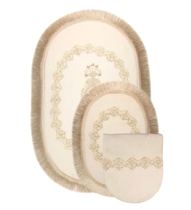 Exclusive Oval Krem 3'lü Dantelli ve Saçaklı Banyo Paspası Çeyizlik Kaymaz