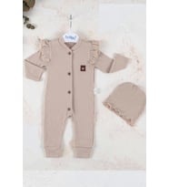 Boydan Düğmeli Şapkalı % 100 Pamuk Kız Bebek Tulumu (Krem)