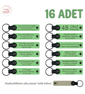Gitar Eğitimi Mezuniyet Hatırası 16'lı Set, İsim Yazılı Hediyelik Anahtarlık, Fıstık Yeşil & S Kahve