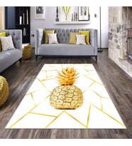 Beyaz Zemin Gold Ananas Desenli Yıkanabilir Kaymaz Taban Leke Tutmaz Modern Salon Halısı ve Yolluk
