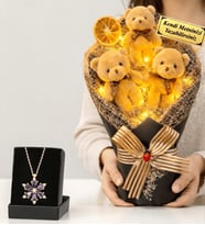 Doğum Günü Hediyesi Kişiye Özel LED Işıklı Peluş Ayıcık Buketi (Kahve) ve Gerçek Ametist Taşlı Lotus Kolye