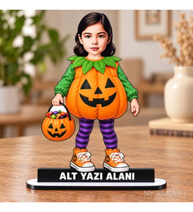 Kişiye Özel Halloween Kız Çocuk Bal Kabağı Karikatürlü 18 cm MDF Masaüstü Biblo - Masaüstü Hediye
