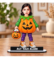 Kişiye Özel Halloween Kız Çocuk Bal Kabağı Karikatürlü 18 cm MDF Masaüstü Biblo - Masaüstü Hediye