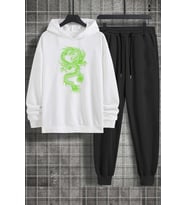 Unisex Chinese Dragon Baskılı Eşofman Takımı (A.Beyaz)