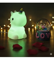 2 li Sevgiliye Romantik Hediye Seti Unicorn Çok Renkli LED Gece Lambası ve 9 Cm LOVE Kar Küresi Seti