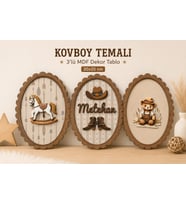Kişiye Özel İsimli Kovboy Temalı 3'lü Ahşap Çocuk Odası Duvar Tablosu Seti (20x25 cm - Bebek Odası Hediyesi)
