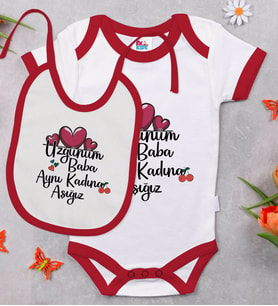 BK Kids Aynı Kadına Aşığız Tasarımlı Kırmızı Bebek Body Zıbın ve Mama Önlüğü Hediye Seti-2