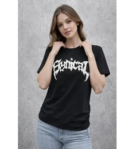 Bisiklet Yaka Ön Baskılı Kısa Kollu Tişört Streetwear Günlük Basic Pamuklu T-shirt - Siyah