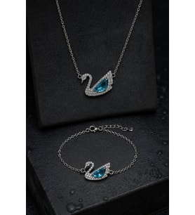 Kadın Gümüş Set - Swan Kuğu Model Aqua Zirkon Taş İşlemeli 925 Ayar Gümüş Kadın Set