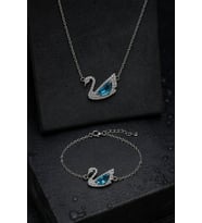 Kadın Gümüş Set - Swan Kuğu Model Aqua Zirkon Taş İşlemeli 925 Ayar Gümüş Kadın Set