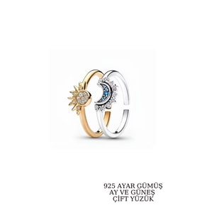 Elika Silver 925 Ayar Gümüş Gökyüzü Mavisi Işıltılı Ay ve Işıltılı Güneş Arkadaşlık Çift Yüzük Ayarlanabilir